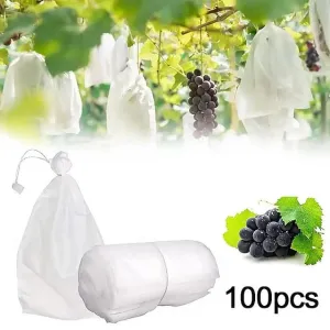 100pcs White Fruit Protection Bags 30x20cm/11.8x7.9 inch Fruit Cover Mesh Bag with Drawstring Protecting Vegetables and Fruits from Birds and Pests Non-woven Cloth Strawberry Grape Grow Bags Antifr