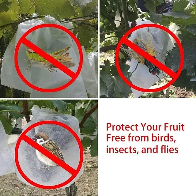 100pcs White Fruit Protection Bags 30x20cm/11.8x7.9 inch Fruit Cover Mesh Bag with Drawstring Protecting Vegetables and Fruits from Birds and Pests Non-woven Cloth Strawberry Grape Grow Bags Antifr