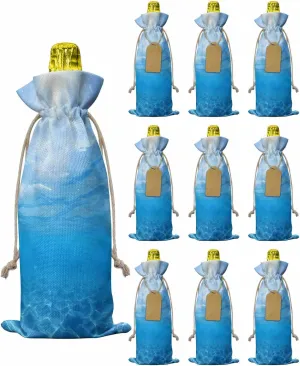 10pcs Linen Burlap Wine Bags with Drawstring Ocean Blue Wine Gift Bag with Tags Reusable Wine Bottle Gift Bags for Christmas Birthday Wine Tasting Party Supplies Summer Seawater Sunlight