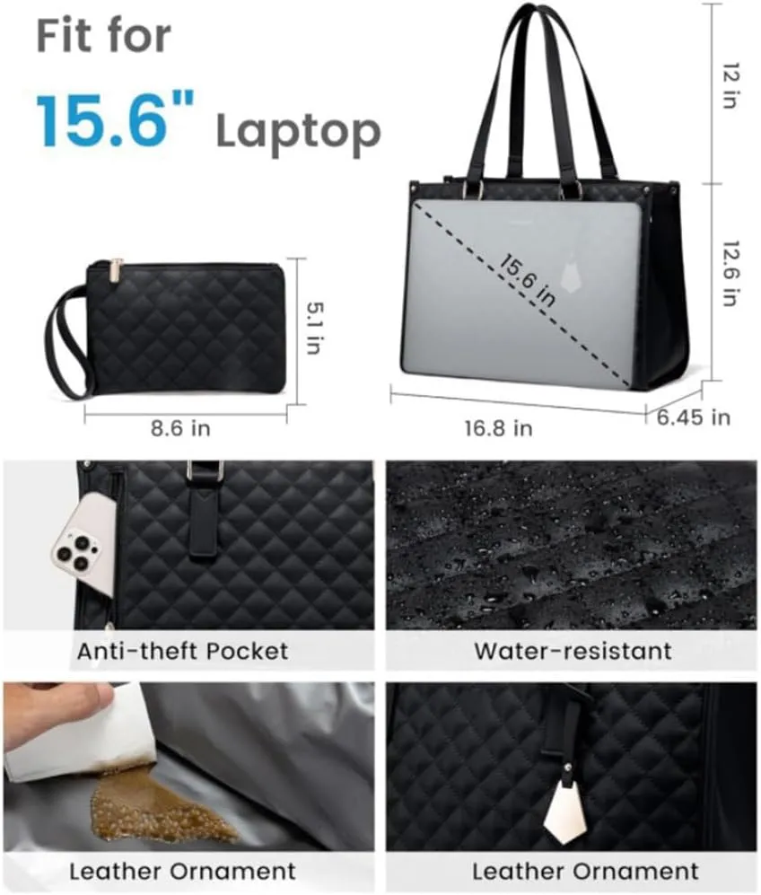 2 in 1 Tote Bag Lunch Bag Combo 15.6 Inch Leakproof Bags Insulated Lunch Compartment Large Capacity Laptop Computer Handbags (Black)