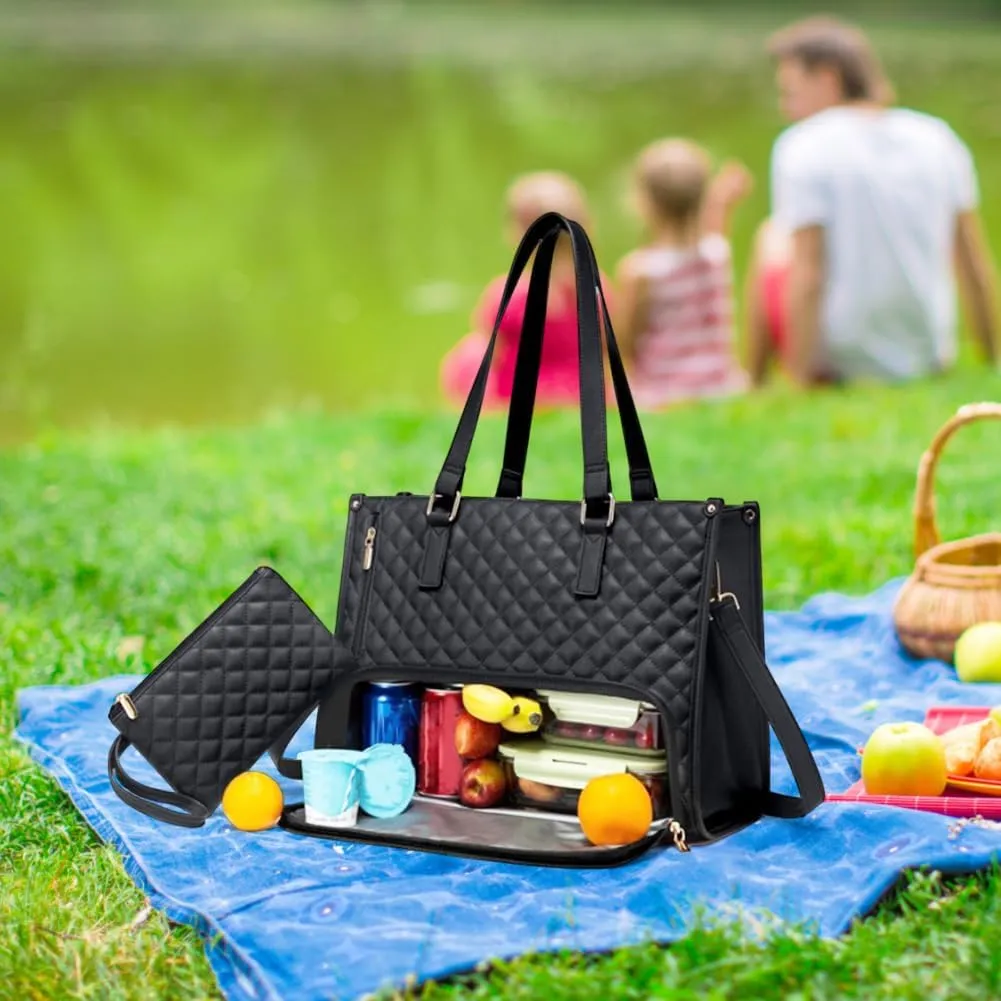 2 in 1 Tote Bag Lunch Bag Combo 15.6 Inch Leakproof Bags Insulated Lunch Compartment Large Capacity Laptop Computer Handbags (Black)