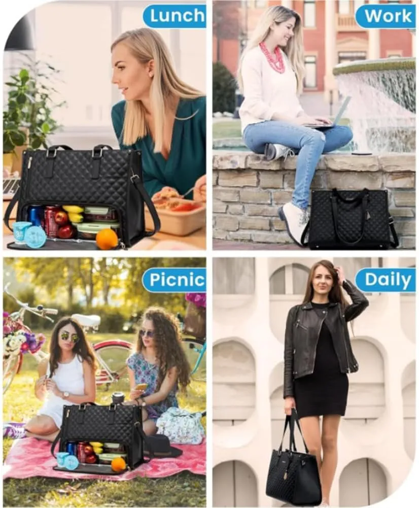 2 in 1 Tote Bag Lunch Bag Combo 15.6 Inch Leakproof Bags Insulated Lunch Compartment Large Capacity Laptop Computer Handbags (Black)