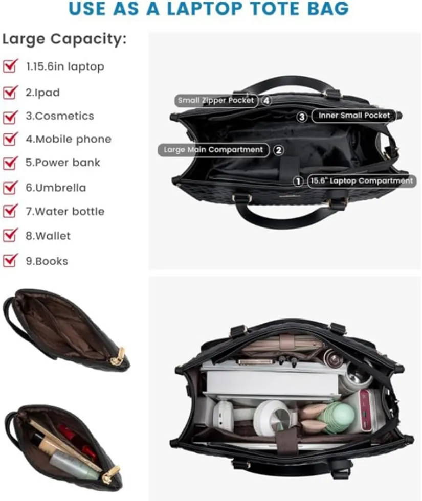 2 in 1 Tote Bag Lunch Bag Combo 15.6 Inch Leakproof Bags Insulated Lunch Compartment Large Capacity Laptop Computer Handbags (Black)