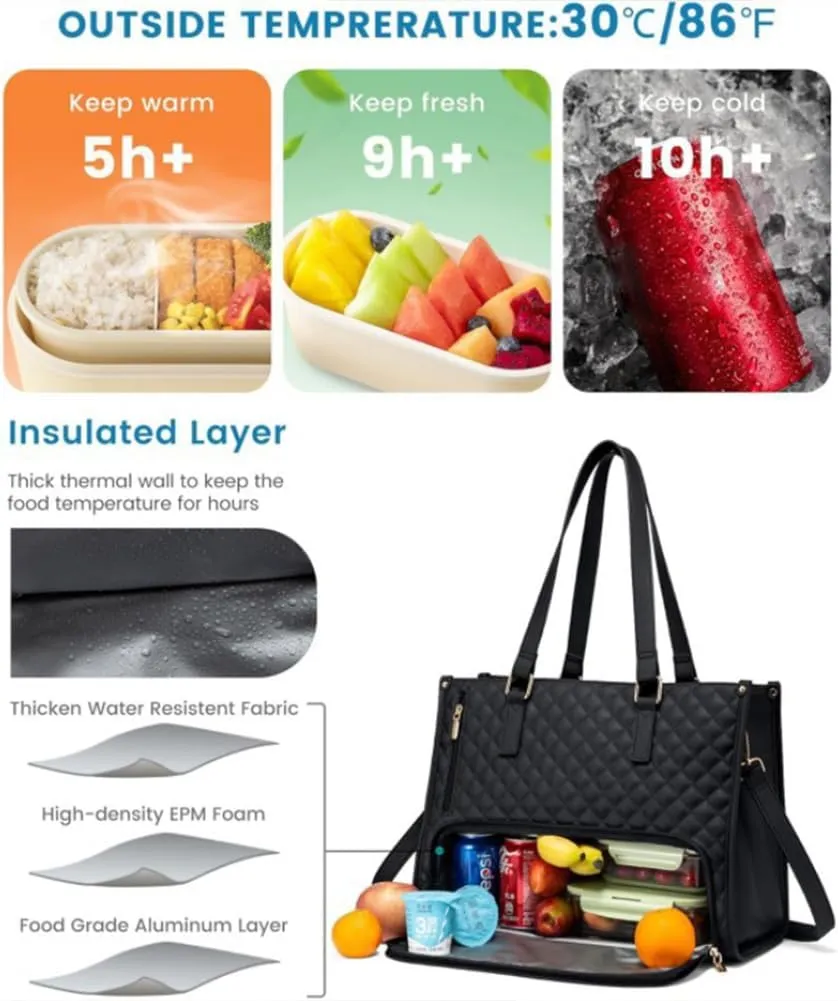 2 in 1 Tote Bag Lunch Bag Combo 15.6 Inch Leakproof Bags Insulated Lunch Compartment Large Capacity Laptop Computer Handbags (Black)
