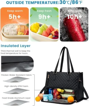 2 in 1 Tote Bag Lunch Bag Combo 15.6 Inch Leakproof Bags Insulated Lunch Compartment Large Capacity Laptop Computer Handbags (Black)
