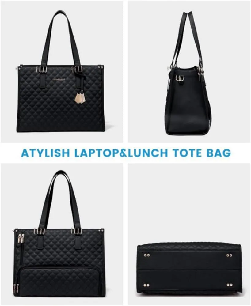 2 in 1 Tote Bag Lunch Bag Combo 15.6 Inch Leakproof Bags Insulated Lunch Compartment Large Capacity Laptop Computer Handbags (Black)