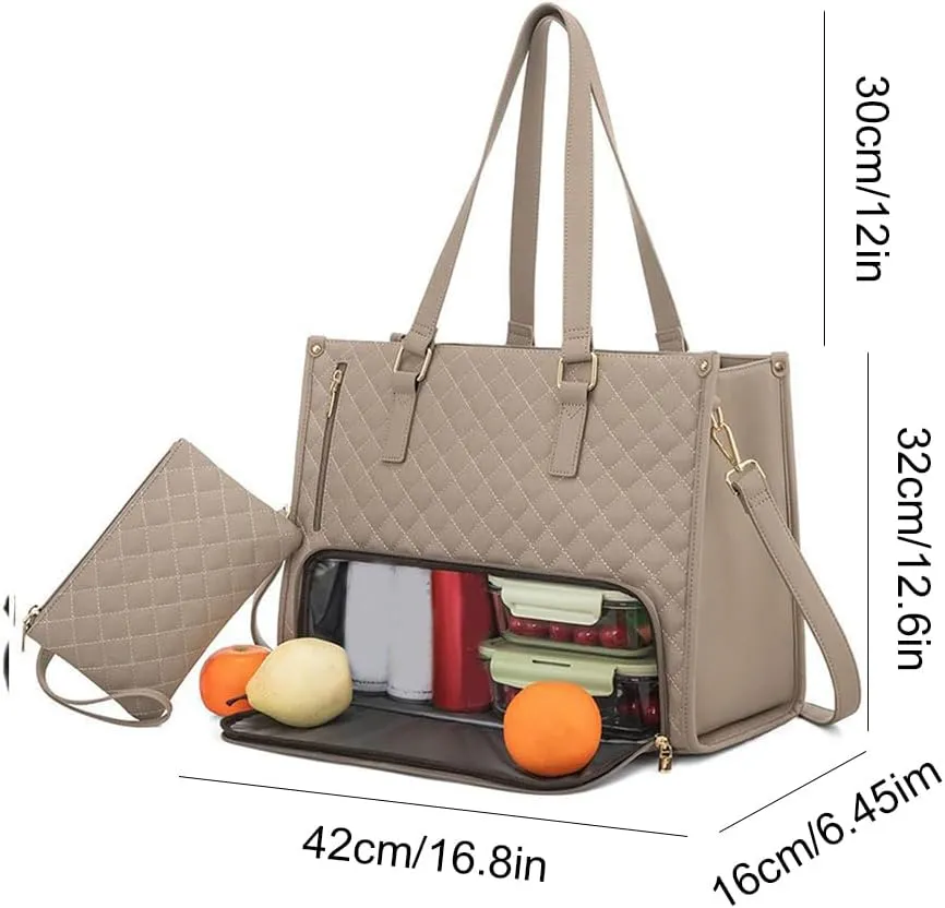 2 in 1 Tote Bag Lunch Bag Combo 15.6 Inch Leakproof Bags Insulated Lunch Compartment Large Capacity Laptop Computer Handbags (Khaki)