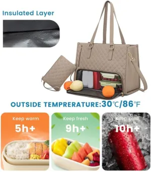 2 in 1 Tote Bag Lunch Bag Combo 15.6 Inch Leakproof Bags Insulated Lunch Compartment Large Capacity Laptop Computer Handbags (Khaki)