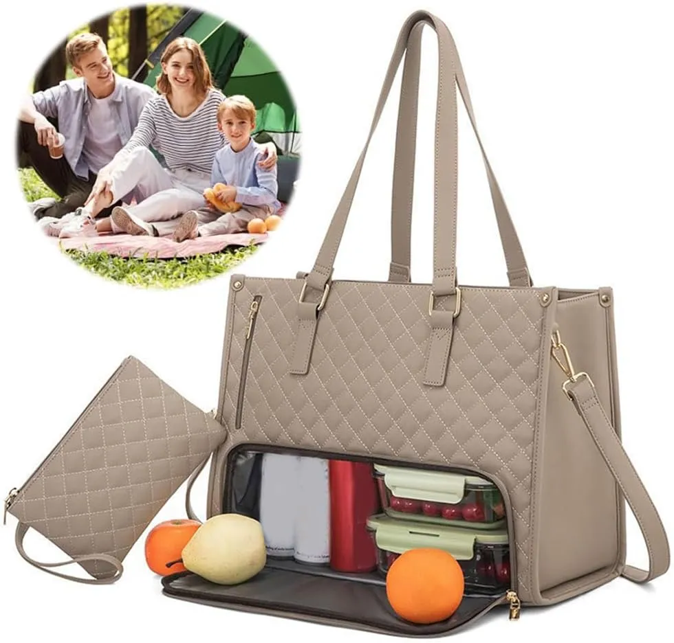 2 in 1 Tote Bag Lunch Bag Combo 15.6 Inch Leakproof Bags Insulated Lunch Compartment Large Capacity Laptop Computer Handbags (Khaki)