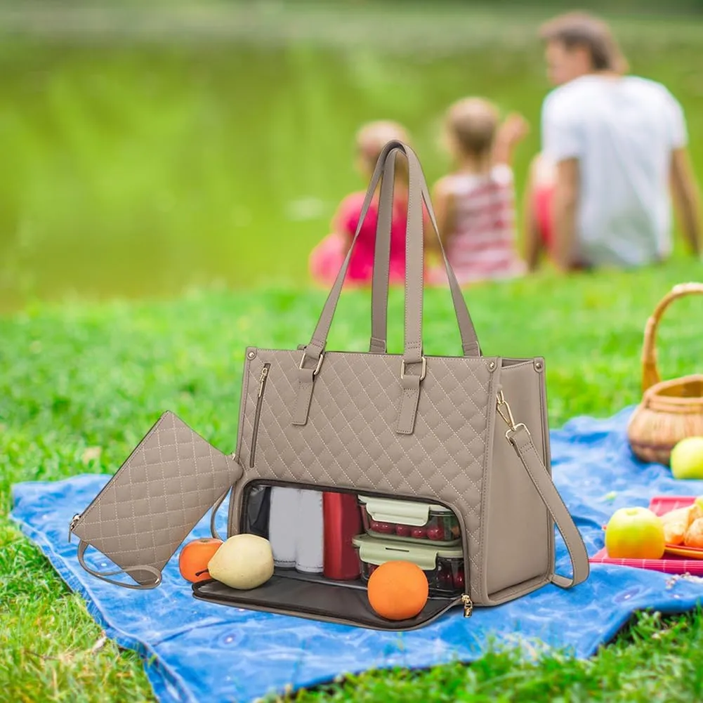 2 in 1 Tote Bag Lunch Bag Combo 15.6 Inch Leakproof Bags Insulated Lunch Compartment Large Capacity Laptop Computer Handbags (Khaki)