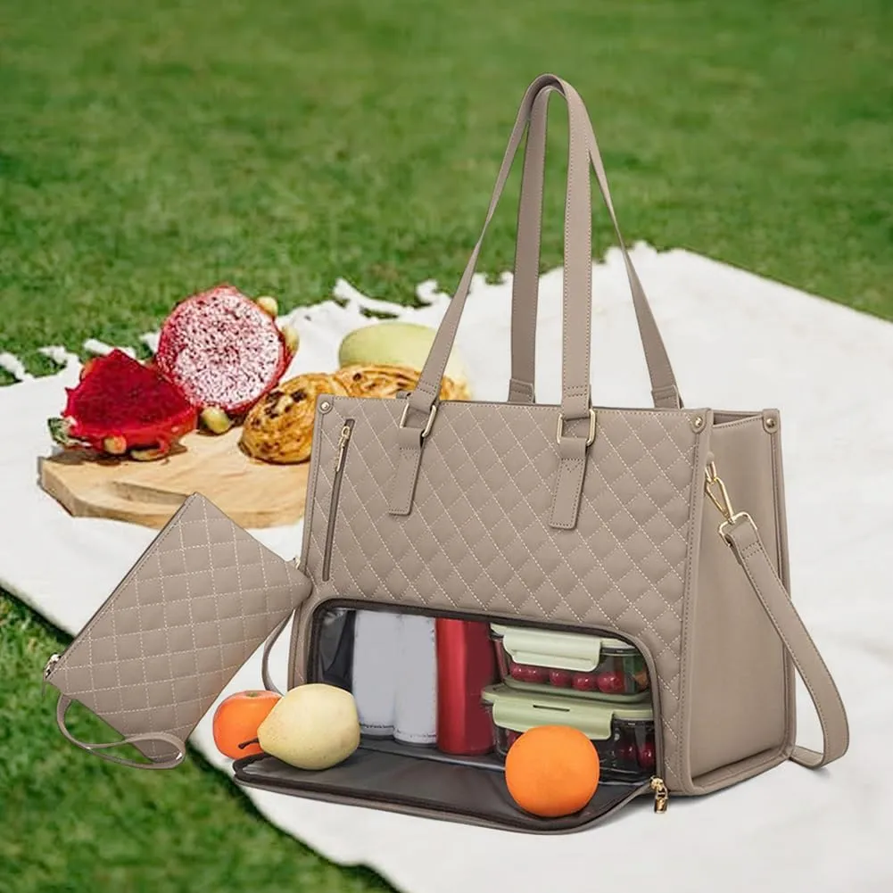 2 in 1 Tote Bag Lunch Bag Combo 15.6 Inch Leakproof Bags Insulated Lunch Compartment Large Capacity Laptop Computer Handbags (Khaki)