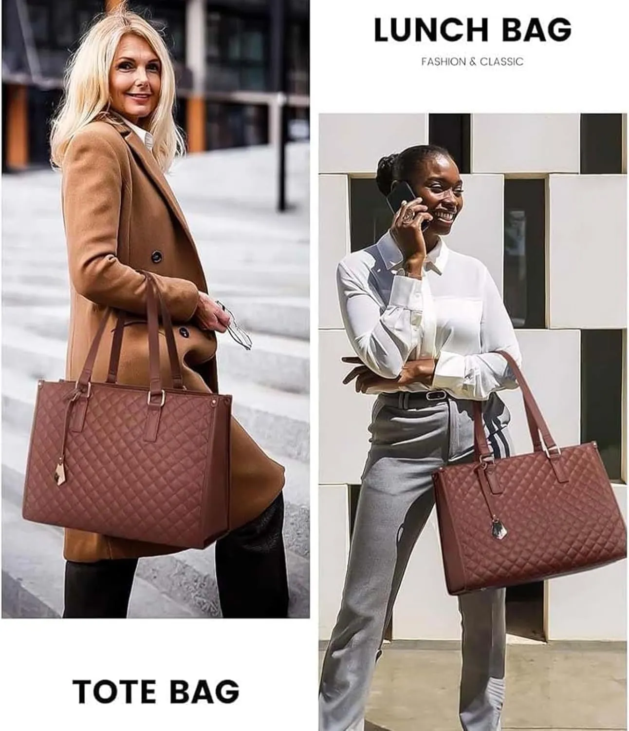2 In 1 Tote Bag Lunch Bag Combo, 15.6" Laptop Lunch Bag with Insulated Compartment, 2 in 1 Lunch Tote Bag for Women (Black)