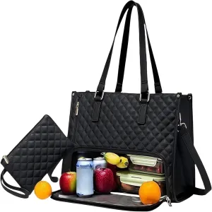 2 In 1 Tote Bag Lunch Bag Combo, 15.6" Laptop Lunch Bag with Insulated Compartment, 2 in 1 Lunch Tote Bag for Women (Black)