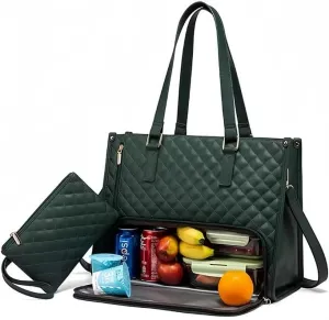 2 in 1 Tote Bag Lunch Bag Combo for Women Work, 15.6 Inch Tote Bag with Lunch Compartment, Women's PU Thermal Lunch Box, Large Capacity Handbag with Storage Pocket