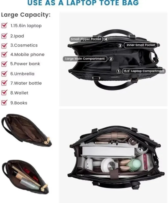 2 in 1 Tote Bag Lunch Bag Combo for Women Work, 15.6 Inch Tote Bag with Lunch Compartment, Women's PU Thermal Lunch Box, Large Capacity Handbag with Storage Pocket