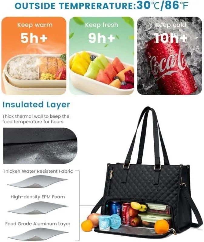 2 in 1 Tote Bag Lunch Bag Combo for Women Work, 15.6 Inch Tote Bag with Lunch Compartment, Women's PU Thermal Lunch Box, Large Capacity Handbag with Storage Pocket