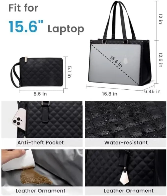 2 in 1 Tote Bag Lunch Bag Combo for Women Work, 15.6 Inch Tote Bag with Lunch Compartment, Women's PU Thermal Lunch Box, Large Capacity Handbag with Storage Pocket