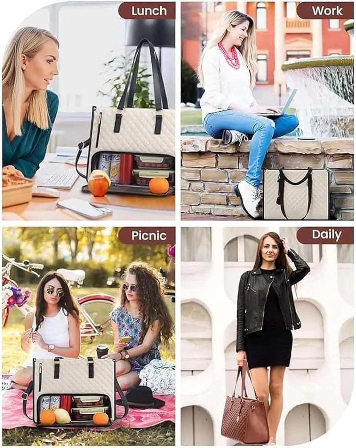 2 in 1 Tote Bag Lunch Bag Combo,Lunch Tote Bag for Women, Large Convertible Laptop Work Handbag for Women (White Brown)