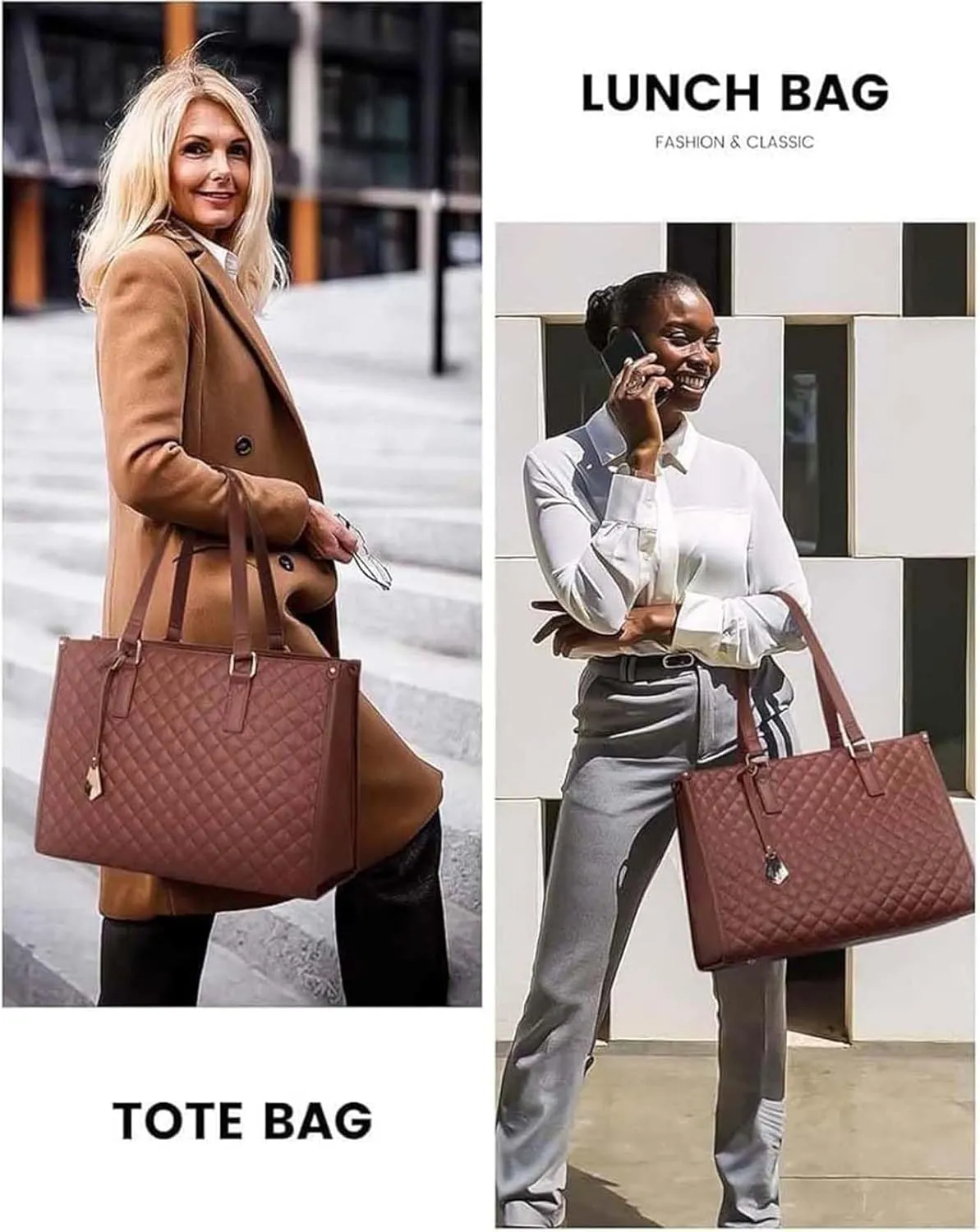 2 in 1 Tote Bag Lunch Bag Combo,Lunch Tote Bag for Women, Large Convertible Laptop Work Handbag for Women (White Brown)