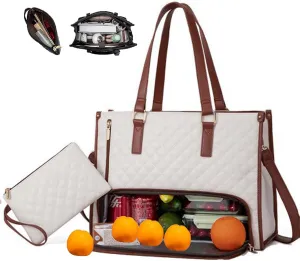 2 in 1 Tote Bag Lunch Bag Combo,Lunch Tote Bag for Women, Large Convertible Laptop Work Handbag for Women (White Brown)