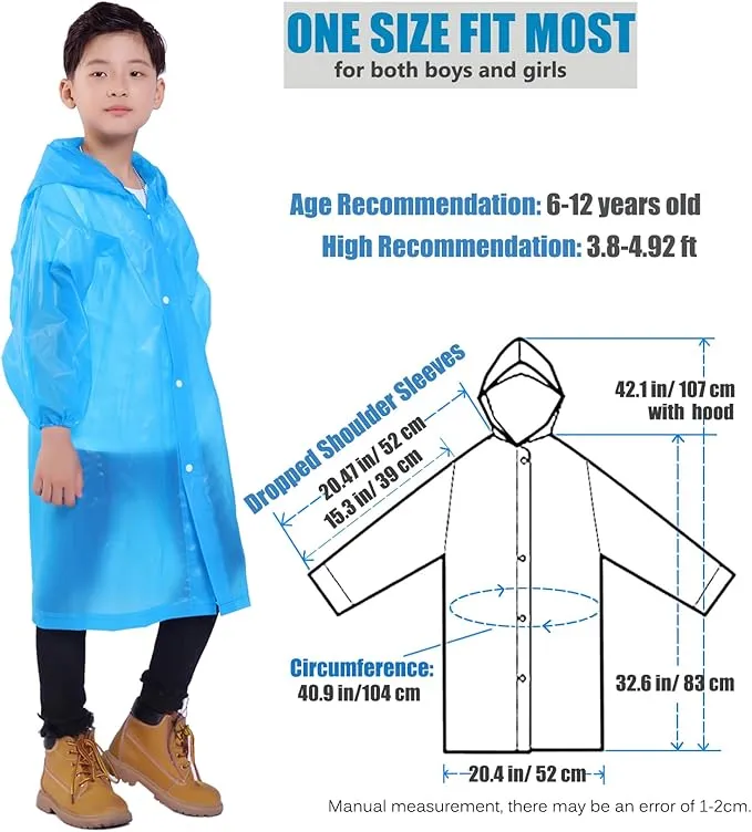 2 Pack Rain Ponchos for Kids, Reusable Kids Rain Jacket with Hood Waterproof Raincoats for Boys and Girls
