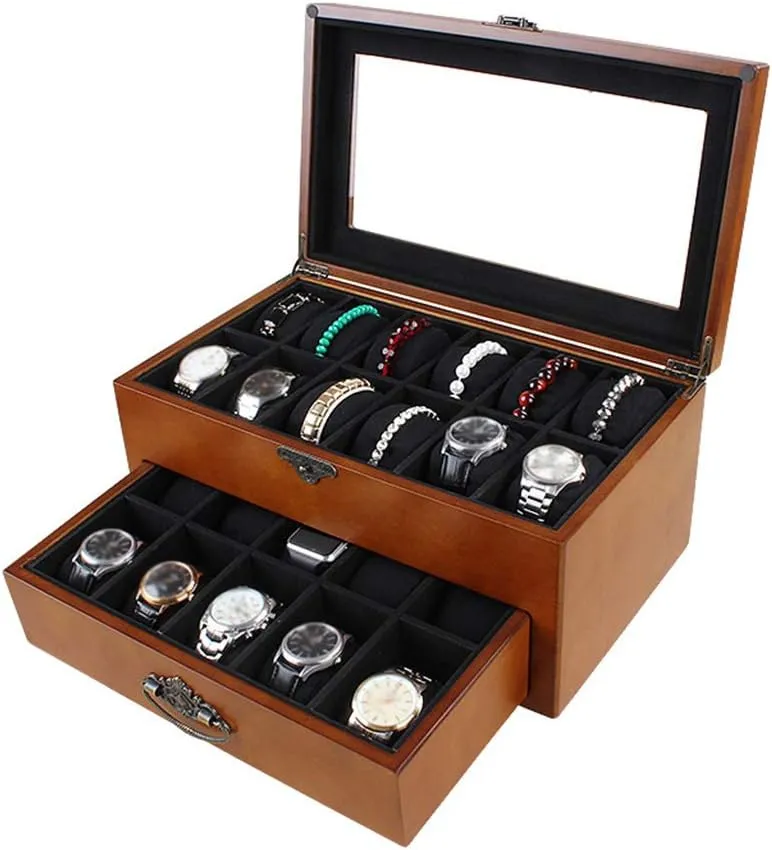 2-Tier Wooden Mens Watch Box Ladies Jewelry Display Drawer Lockable Watch Case Organizer Transparent Window for 22 Watches and Removable Storage Pillows (Brown)