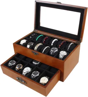 2-Tier Wooden Mens Watch Box Ladies Jewelry Display Drawer Lockable Watch Case Organizer Transparent Window for 22 Watches and Removable Storage Pillows (Brown)
