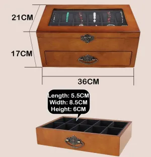 2-Tier Wooden Mens Watch Box Ladies Jewelry Display Drawer Lockable Watch Case Organizer Transparent Window for 22 Watches