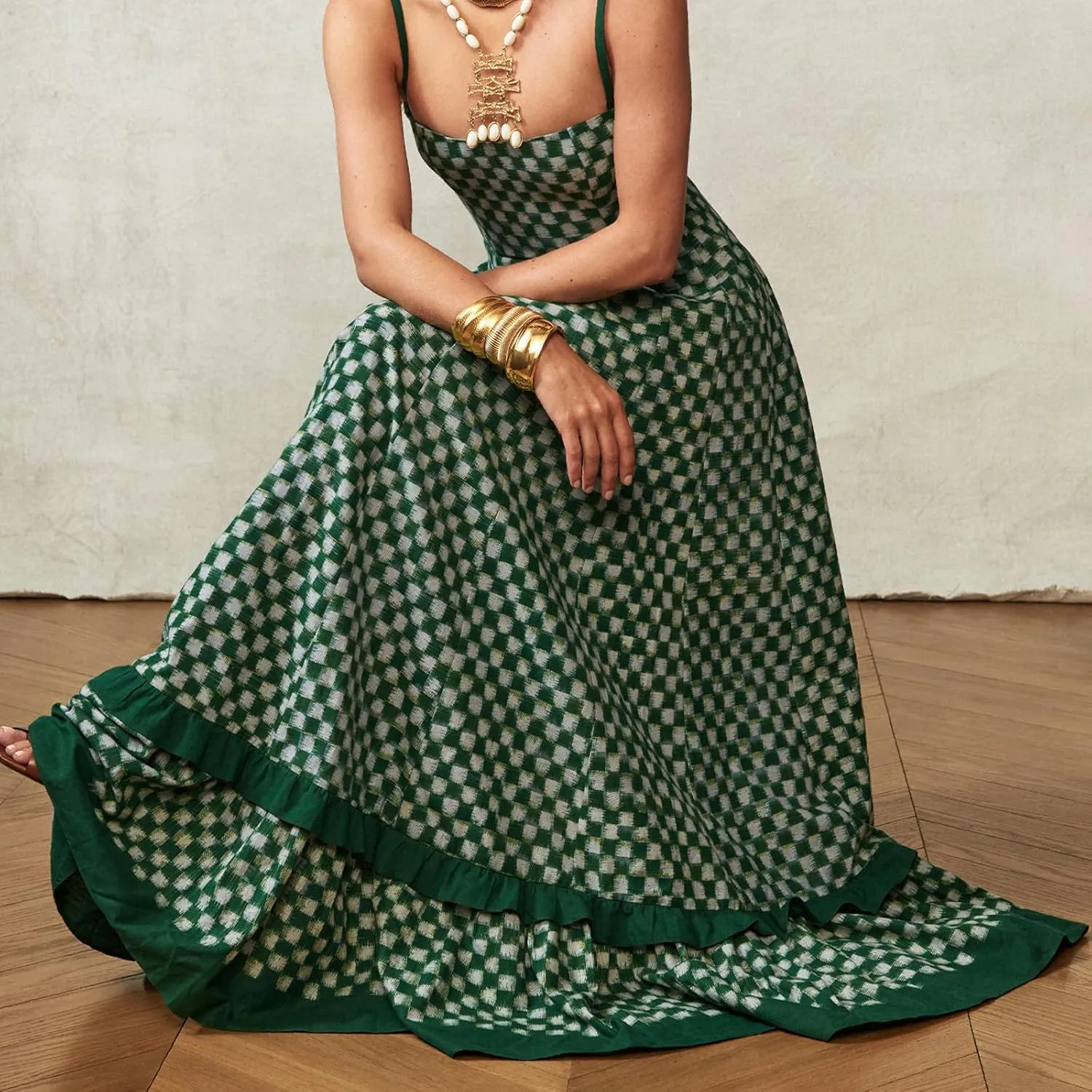 2024 Women's Plaid Cami Dress Sleeveless Spaghetti Strap Dress Midi Dress Flowy A-line Dress Long Summer Beach Dress