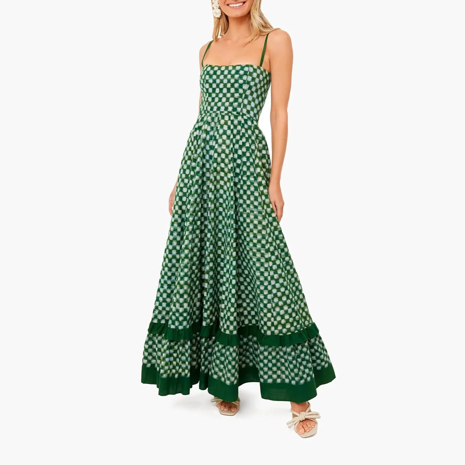 2024 Women's Plaid Cami Dress Sleeveless Spaghetti Strap Dress Midi Dress Flowy A-line Dress Long Summer Beach Dress