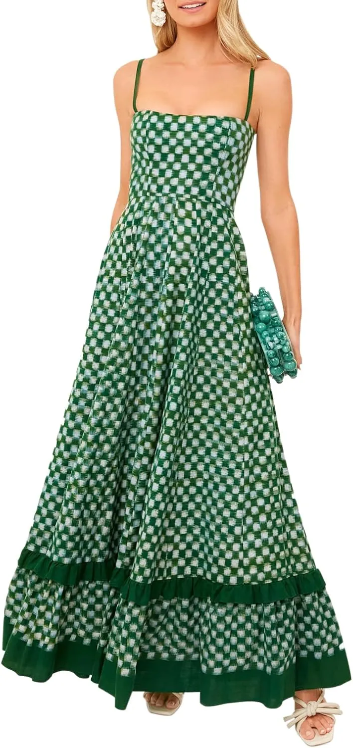 2024 Women's Plaid Cami Dress Sleeveless Spaghetti Strap Dress Midi Dress Flowy A-line Dress Long Summer Beach Dress