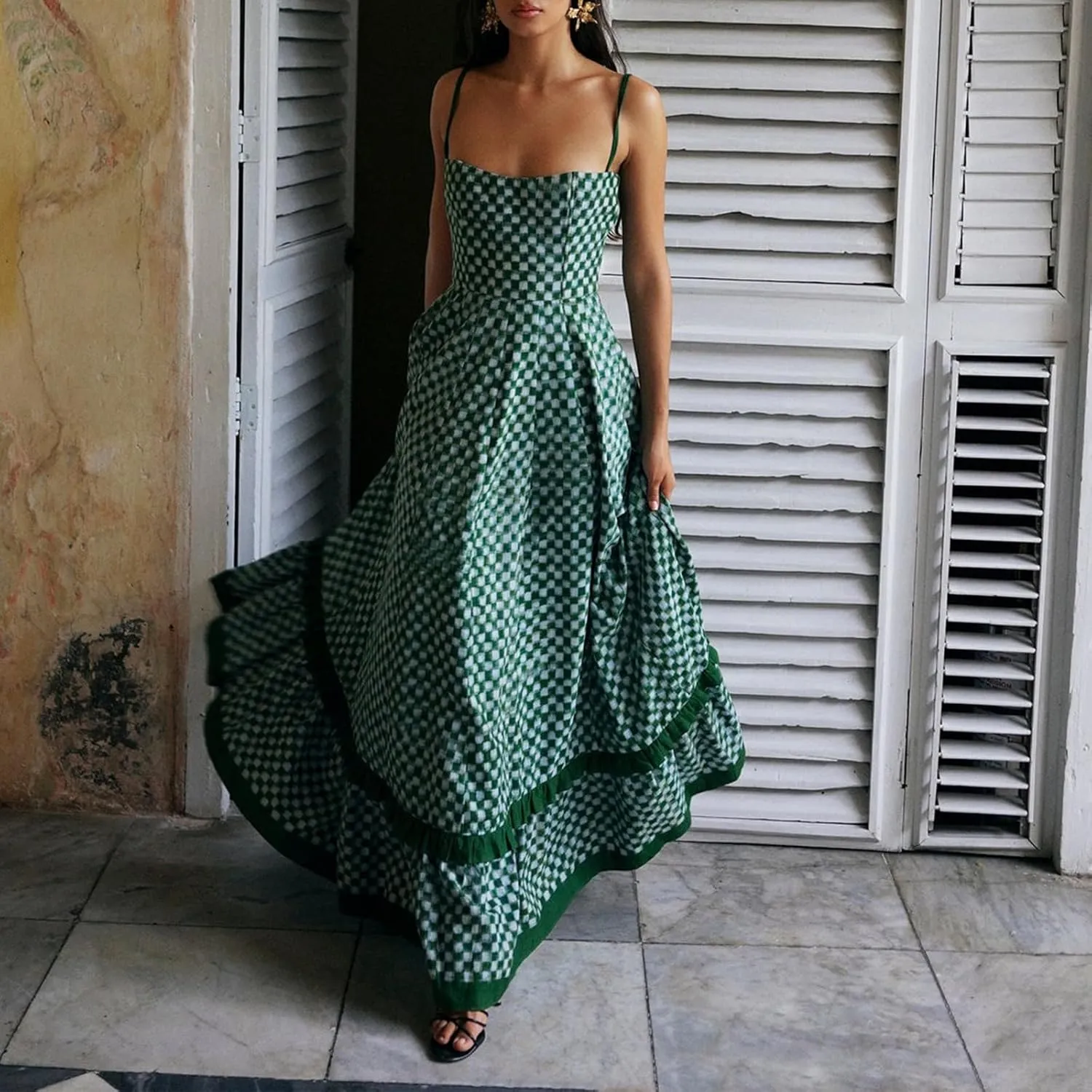 2024 Women's Plaid Cami Dress Sleeveless Spaghetti Strap Dress Midi Dress Flowy A-line Dress Long Summer Beach Dress