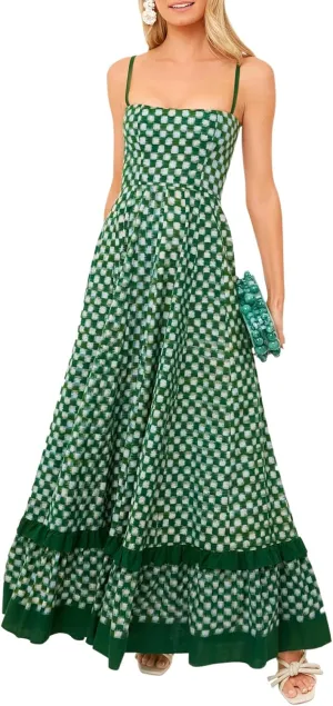 2024 Women's Plaid Cami Dress Sleeveless Spaghetti Strap Dress Midi Dress Flowy A-line Dress Long Summer Beach Dress