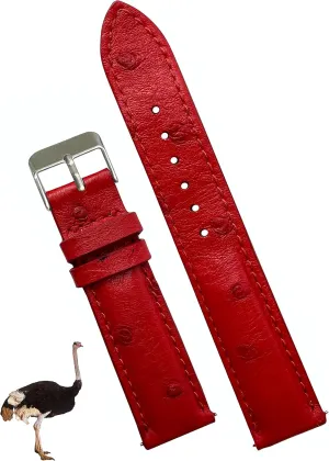 22mm Red Ostrich Leather Watch Band Men Quick Release Replacement Strap Extra Soft Handmade Wristband Stainless Steel Buckle, Father's Day Gift for Dad Son Husband DH-190-22MM