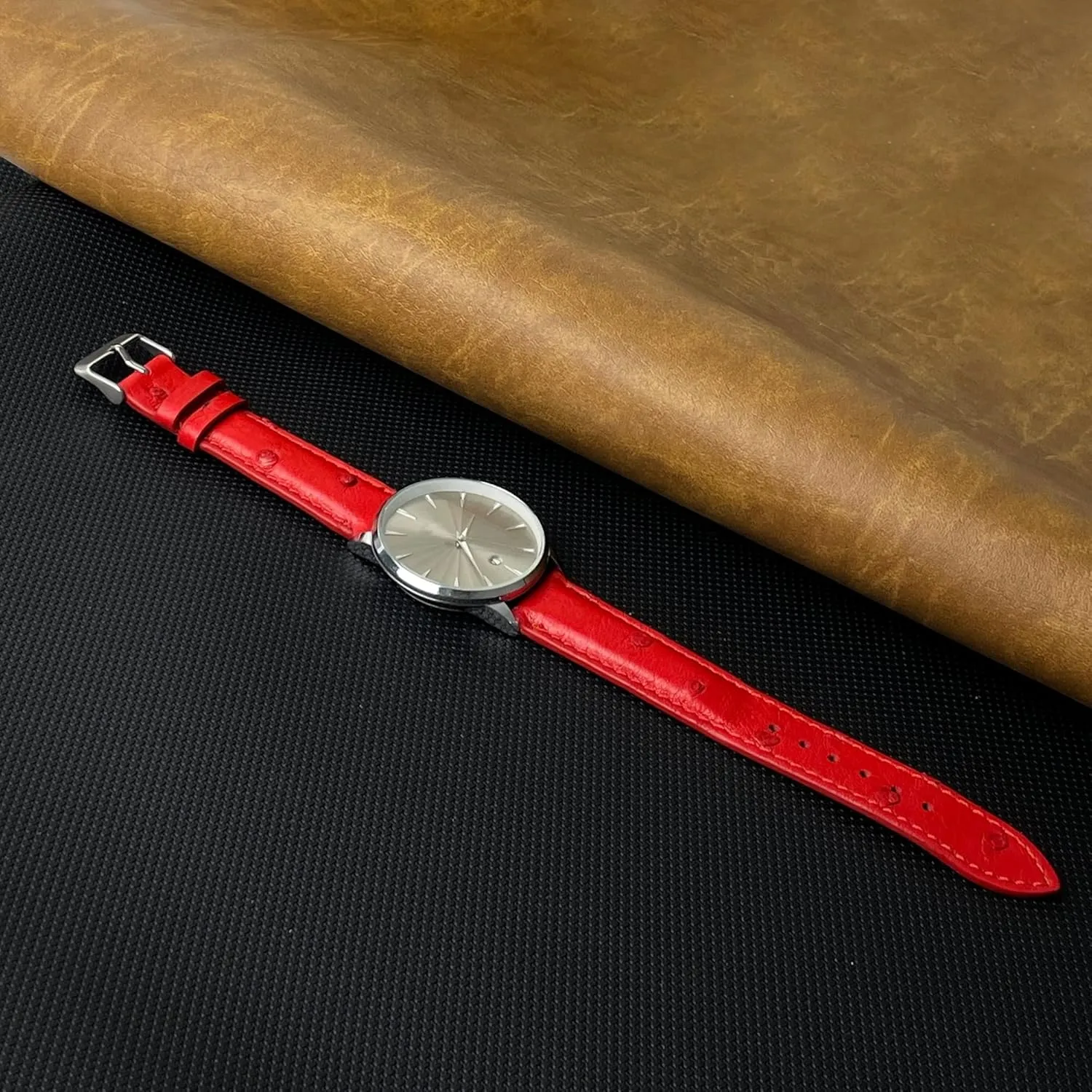 22mm Red Ostrich Leather Watch Band Men Quick Release Replacement Strap Extra Soft Handmade Wristband Stainless Steel Buckle, Father's Day Gift for Dad Son Husband DH-190-22MM