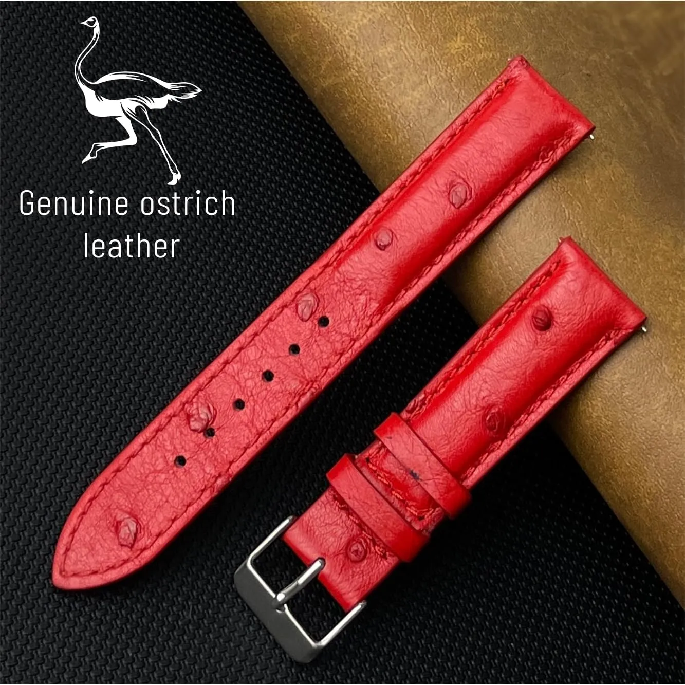 22mm Red Ostrich Leather Watch Band Men Quick Release Replacement Strap Extra Soft Handmade Wristband Stainless Steel Buckle, Father's Day Gift for Dad Son Husband DH-190-22MM