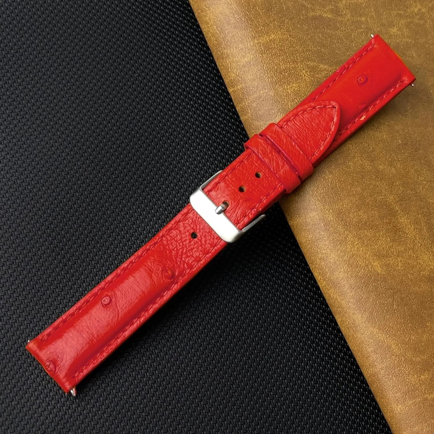 22mm Red Ostrich Leather Watch Band Men Quick Release Replacement Strap Extra Soft Handmade Wristband Stainless Steel Buckle, Father's Day Gift for Dad Son Husband DH-190-22MM
