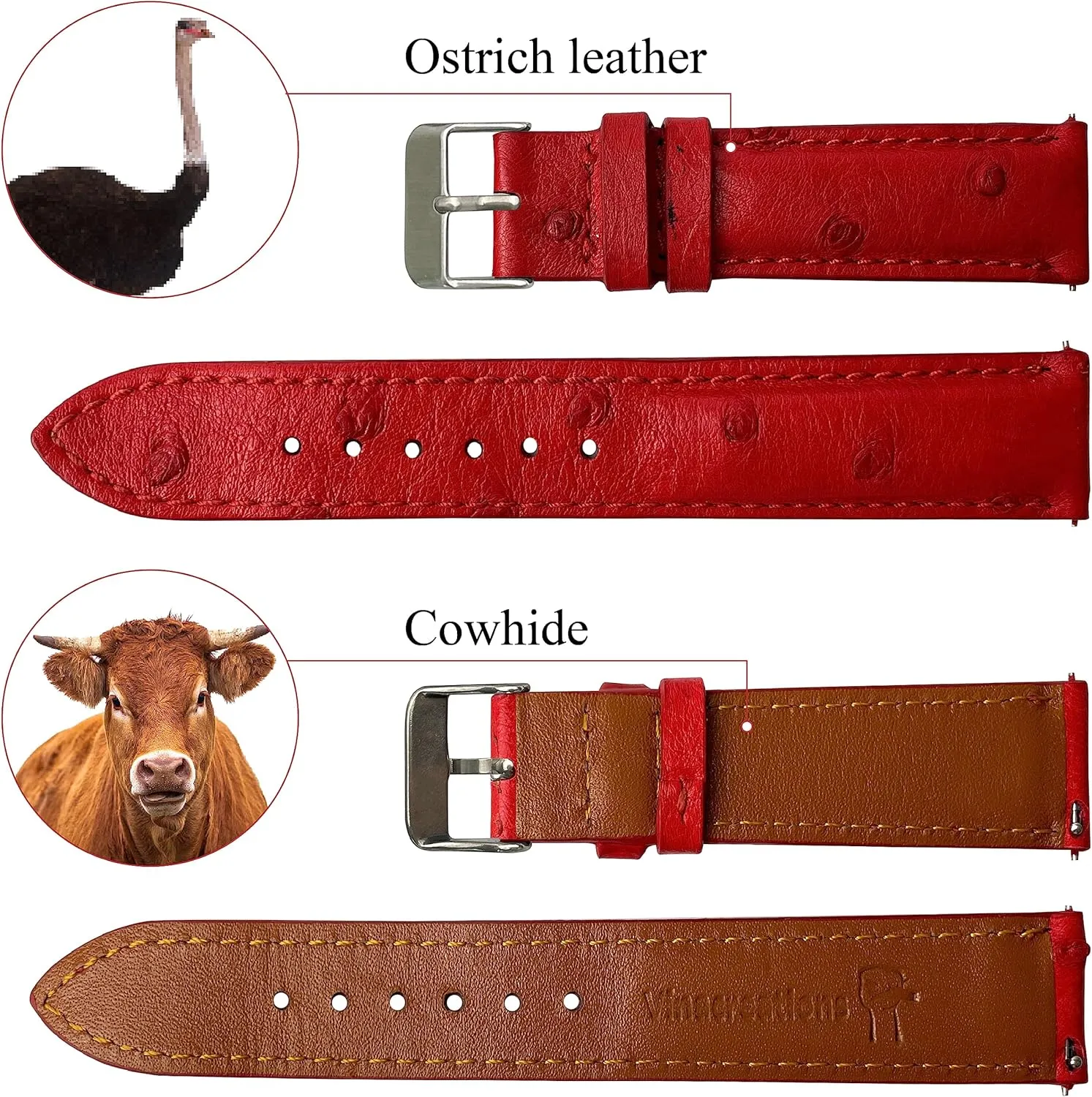 22mm Red Ostrich Leather Watch Band Men Quick Release Replacement Strap Extra Soft Handmade Wristband Stainless Steel Buckle, Father's Day Gift for Dad Son Husband DH-190-22MM