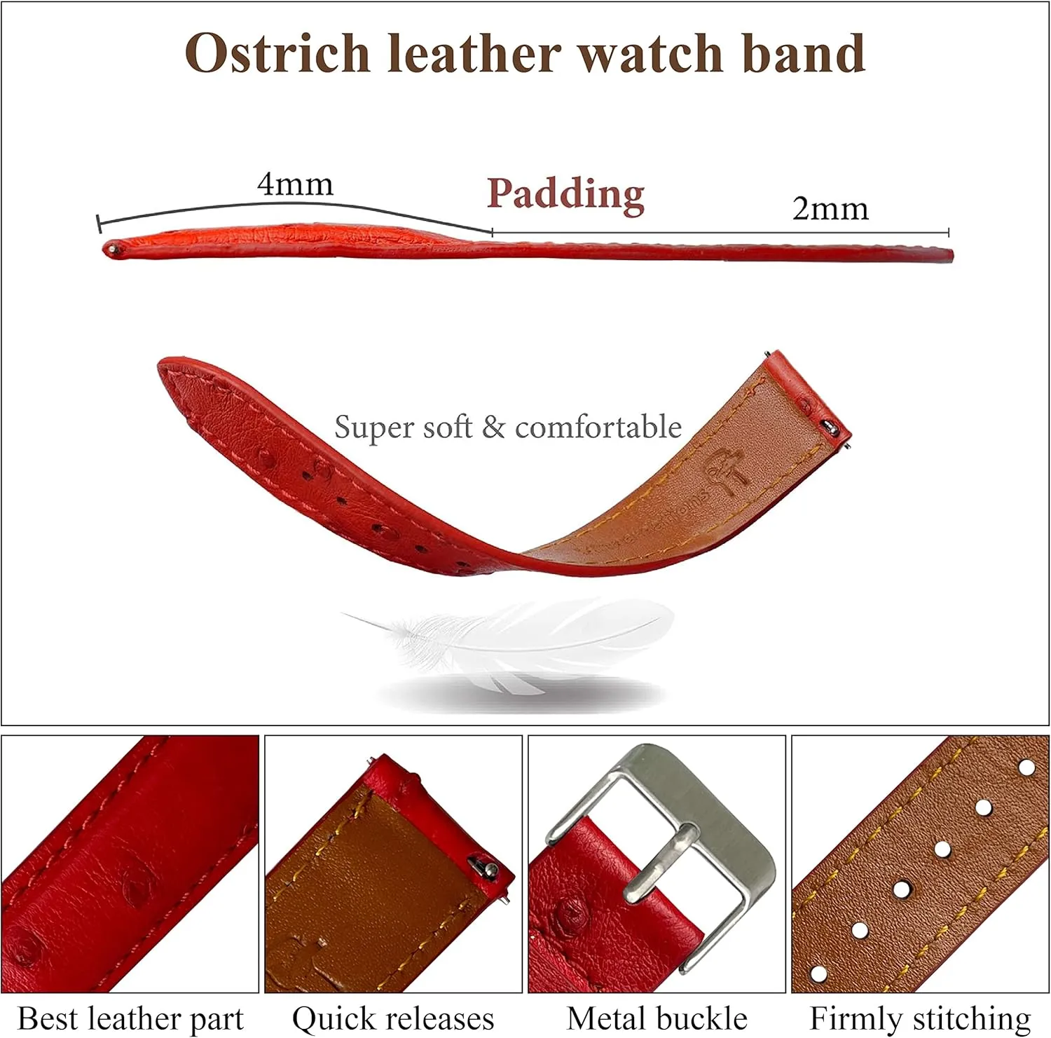 22mm Red Ostrich Leather Watch Band Men Quick Release Replacement Strap Extra Soft Handmade Wristband Stainless Steel Buckle, Father's Day Gift for Dad Son Husband DH-190-22MM