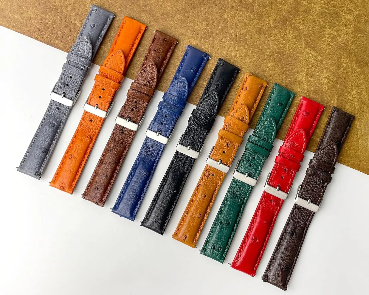 22mm Red Ostrich Leather Watch Band Men Quick Release Replacement Strap Extra Soft Handmade Wristband Stainless Steel Buckle, Father's Day Gift for Dad Son Husband DH-190-22MM