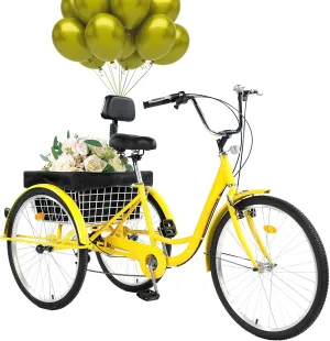 24/26" Adult Tricycle 7 Speed, 3 Wheel Mountain Trikes, Three Wheeled Bikes with Basket & Backrest Seat for Seniors, Women, Men, Multiple Colors