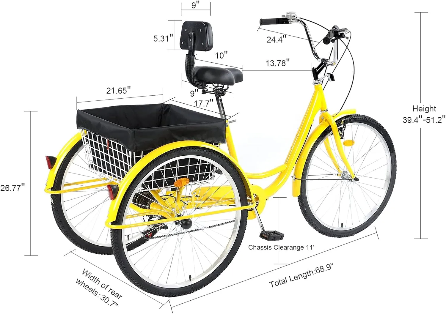24/26" Adult Tricycle 7 Speed, 3 Wheel Mountain Trikes, Three Wheeled Bikes with Basket & Backrest Seat for Seniors, Women, Men, Multiple Colors