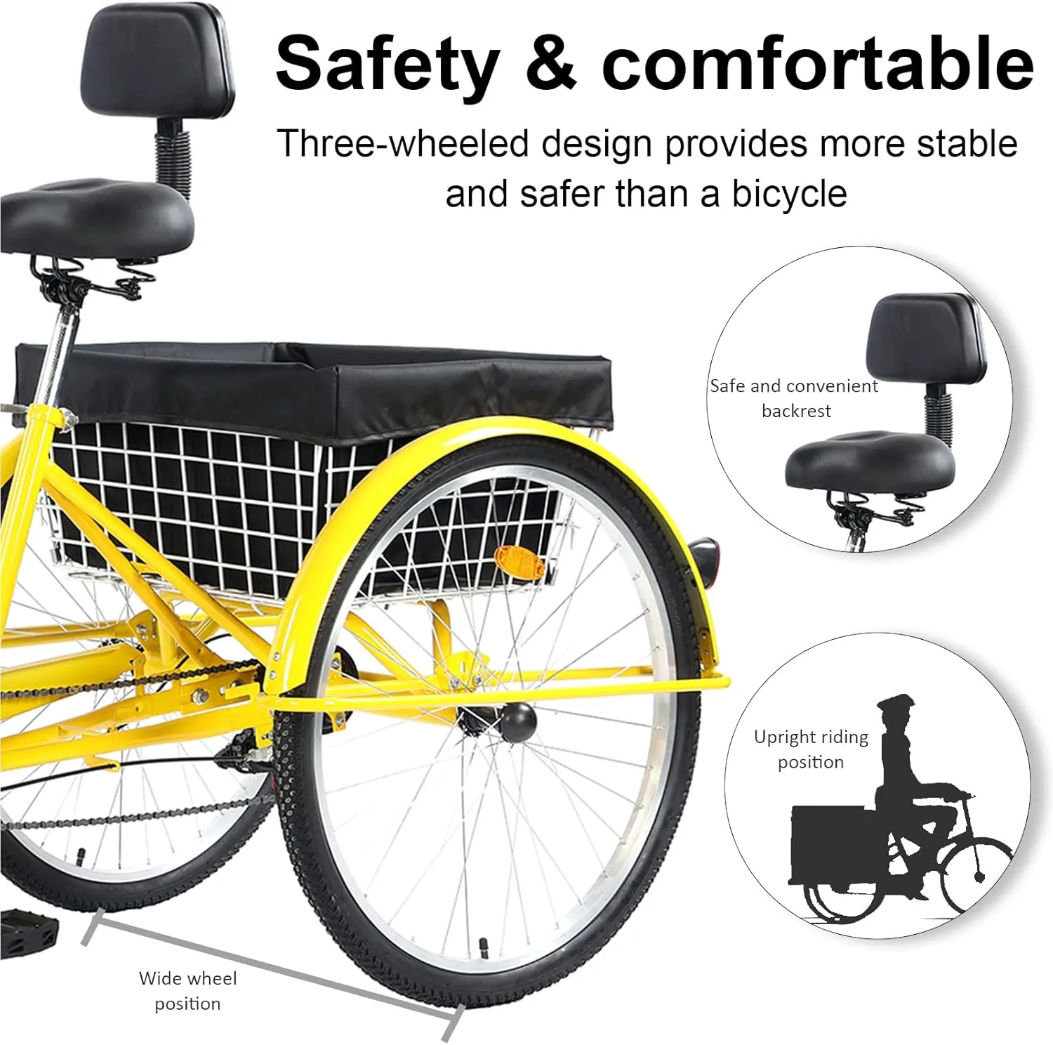 24/26" Adult Tricycle 7 Speed, 3 Wheel Mountain Trikes, Three Wheeled Bikes with Basket & Backrest Seat for Seniors, Women, Men, Multiple Colors