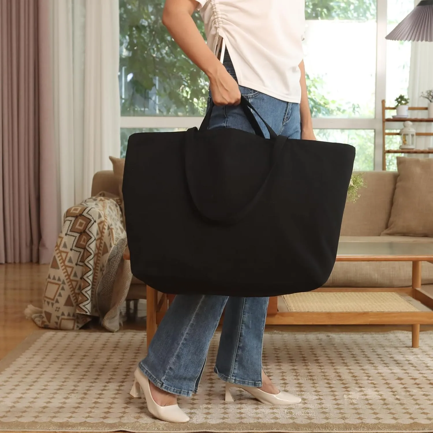 27 Inch Extra Large Canvas Shopping Bags Jumbo Heavy Duty Reusable Grocery Bags Bulk Blank Tote Bags with Double Handle