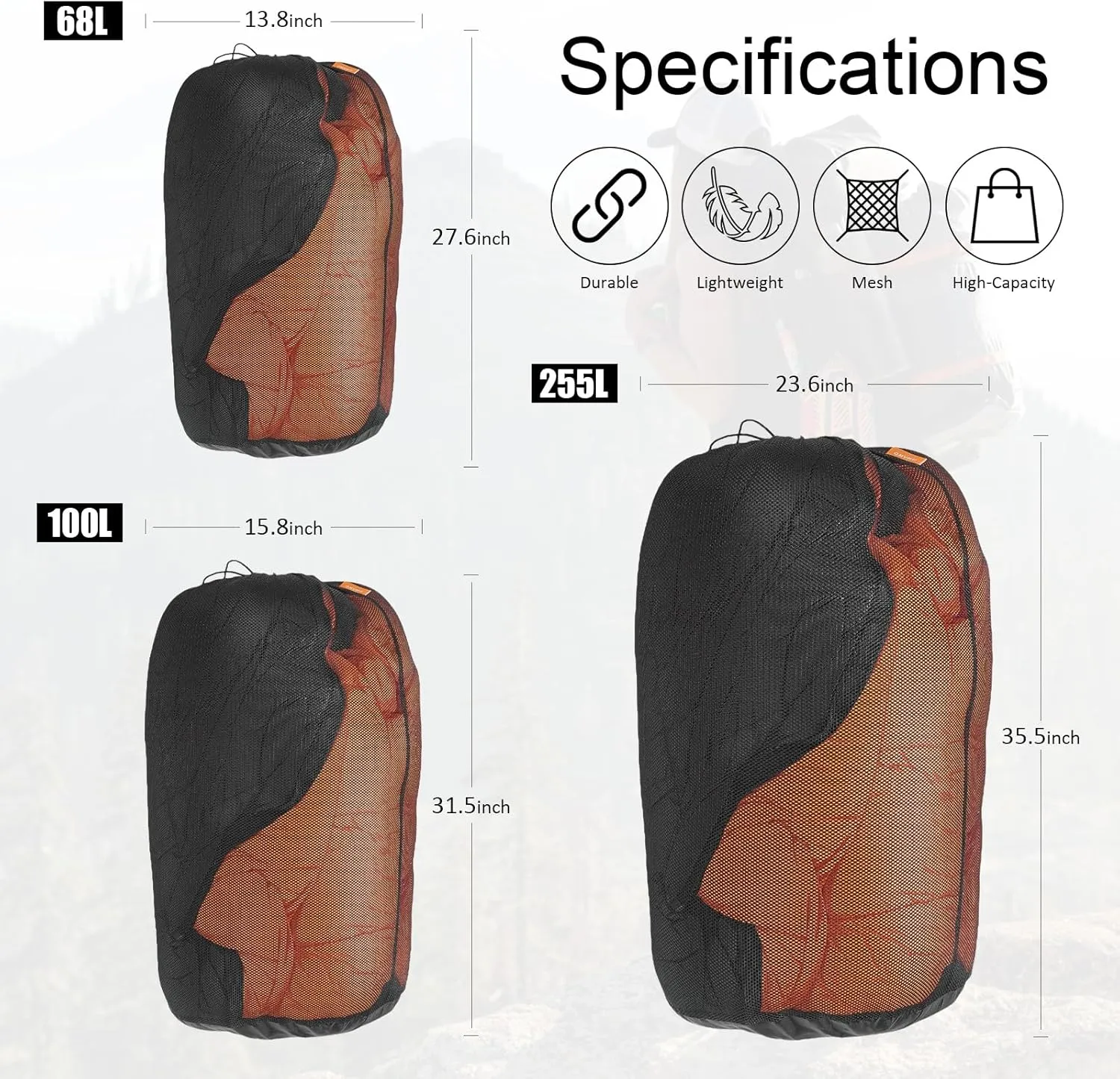 2Pcs 68L Mesh Sleeping Bag Storage Sack Stuff Sack Mesh Laundry Bag Drawstring Bag，Tear-Resistant Polyester Mesh,300D Oxford Bottom,Anti-Dirt and Water-Resistant.