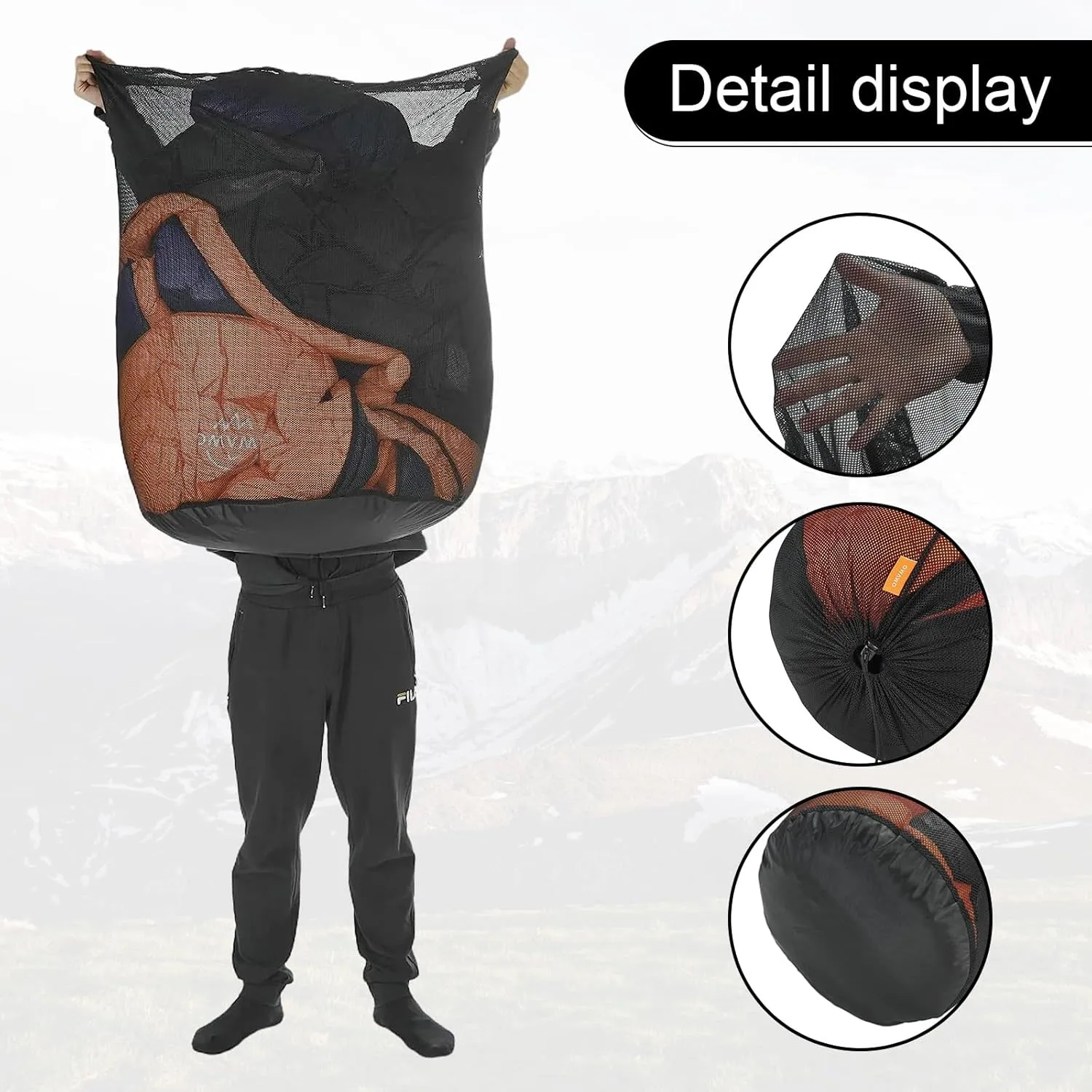 2Pcs 68L Mesh Sleeping Bag Storage Sack Stuff Sack Mesh Laundry Bag Drawstring Bag，Tear-Resistant Polyester Mesh,300D Oxford Bottom,Anti-Dirt and Water-Resistant.