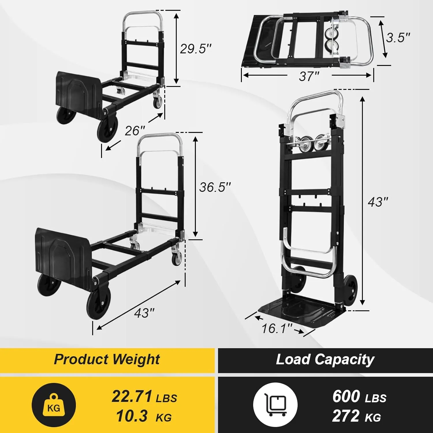 3-in-1 Aluminum Hand Truck Dolly, 600 lbs Heavy Duty Folding Trolley with Universal Wheels, Convertible Hand Truck with Tie Down Straps for Warehouse, Supermarket, Office (Black)
