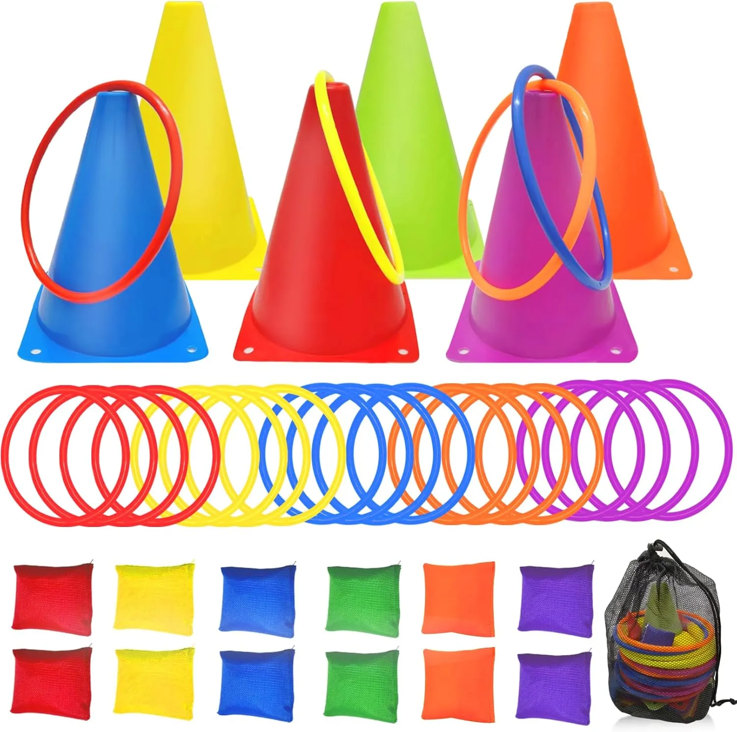 3 in 1 Carnival Games Set,39PCS Soft Plastic Cones Cornhole Bean Bags Ring Toss Game,Carnival Combo Set Toss Games for Kids Adult Birthday Party Indoor Outdoor Games Supplies,Yard Lawn Games