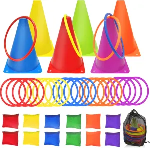 3 in 1 Carnival Games Set,39PCS Soft Plastic Cones Cornhole Bean Bags Ring Toss Game,Carnival Combo Set Toss Games for Kids Adult Birthday Party Indoor Outdoor Games Supplies,Yard Lawn Games