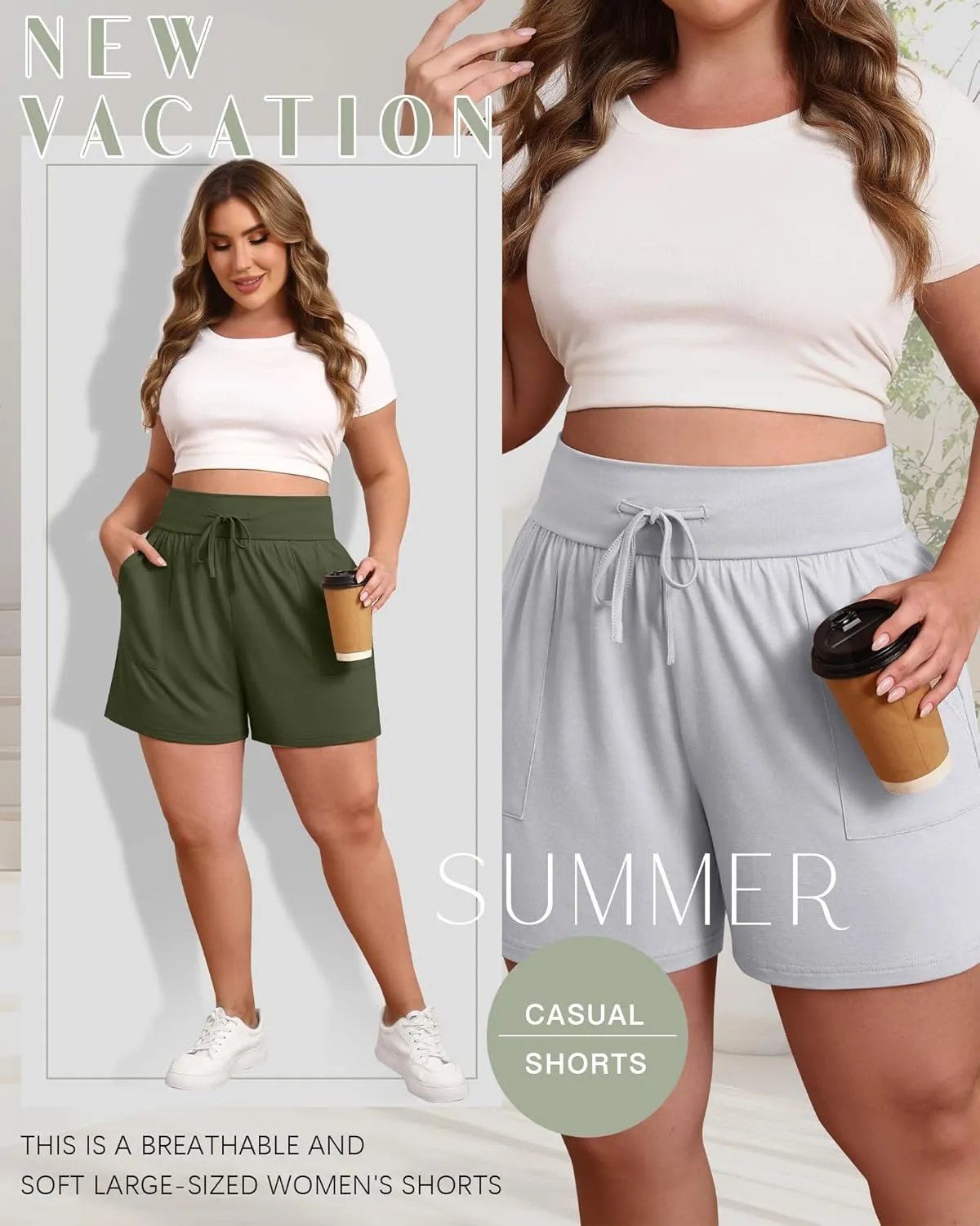 3 Pack Women's Plus Size Cotton Shorts, Drawstring Sweat Shorts Loose Lounge Running Athletic Shorts with Pockets